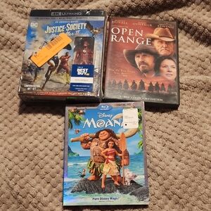 Movie Collection: Justice Society, Open Range, Moana. Price Is For ALL.